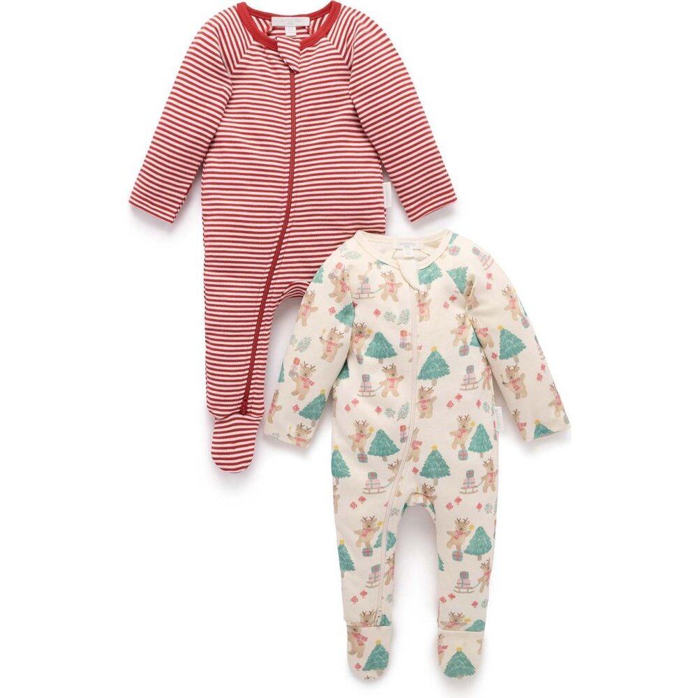 Purebaby Christmas 2 Pack Printed Zip Footie Reindeer Print